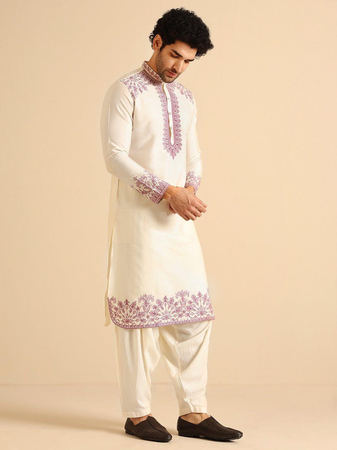 Off-White Silk Blend Embroidered Kurta — view 3