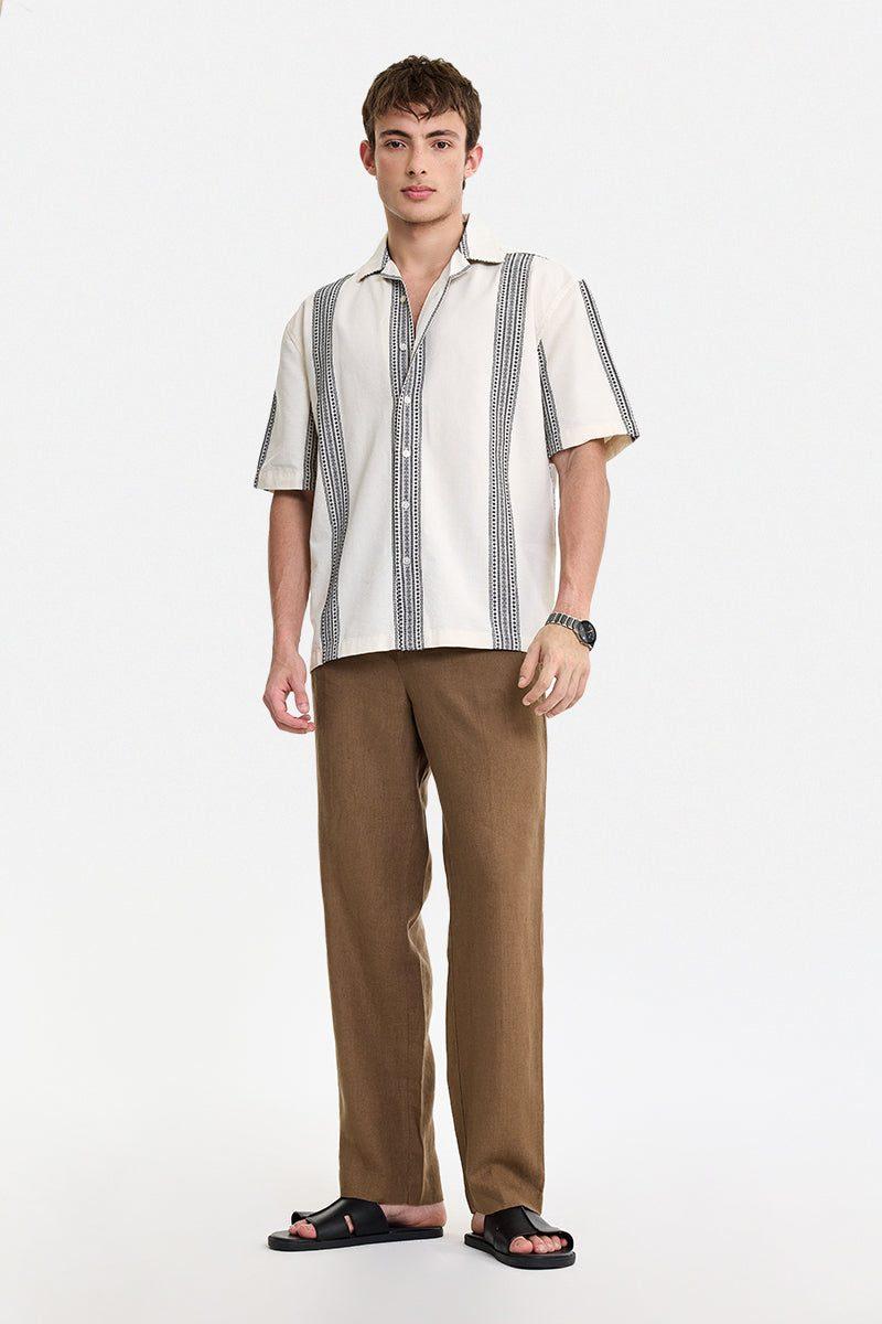 Linen Straight Fit Trousers - Brown — view 3