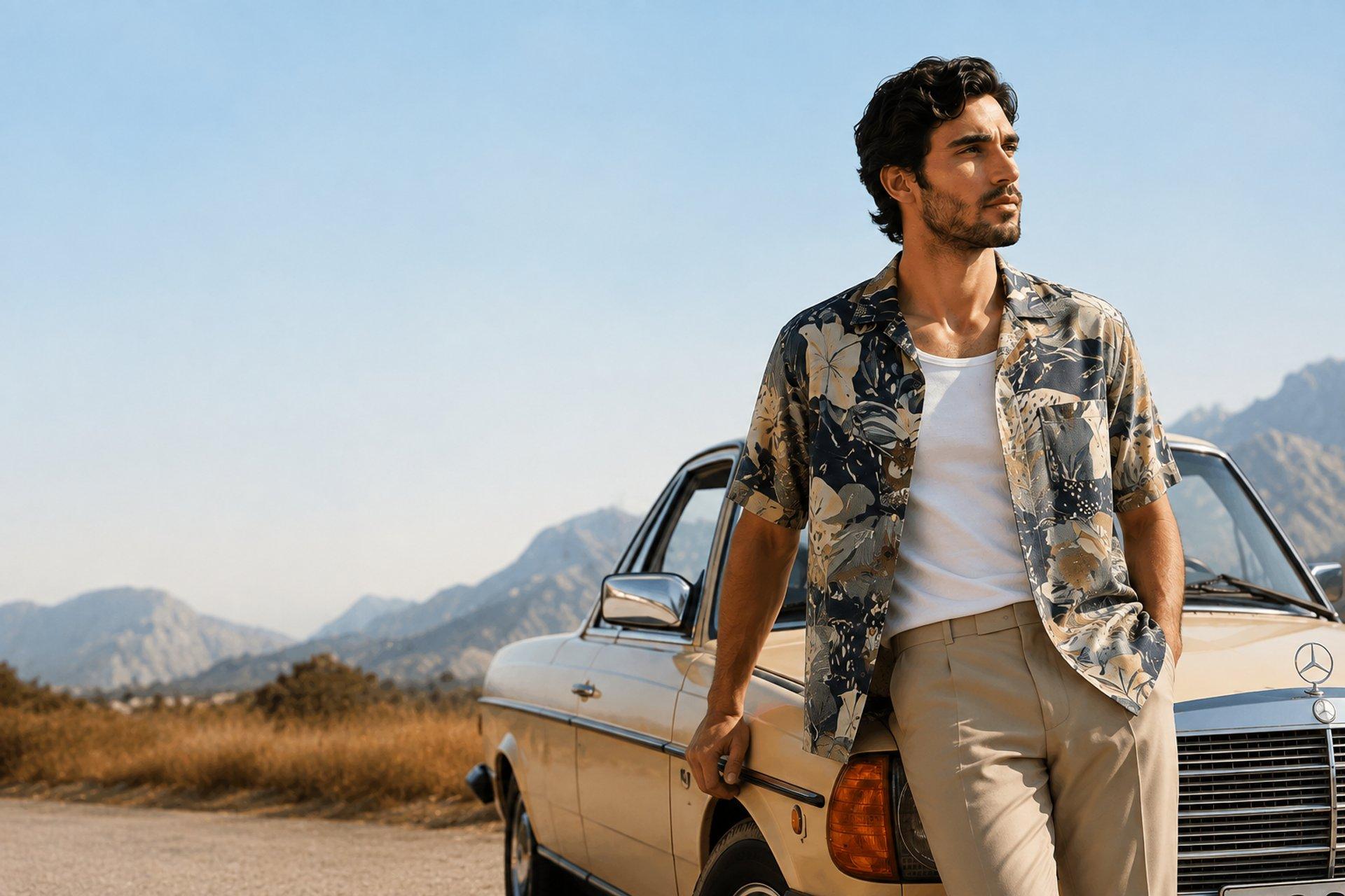 Man in a printed short-sleeve shirt leaning against a vintage convertible, part of the new RNJ Threads collection