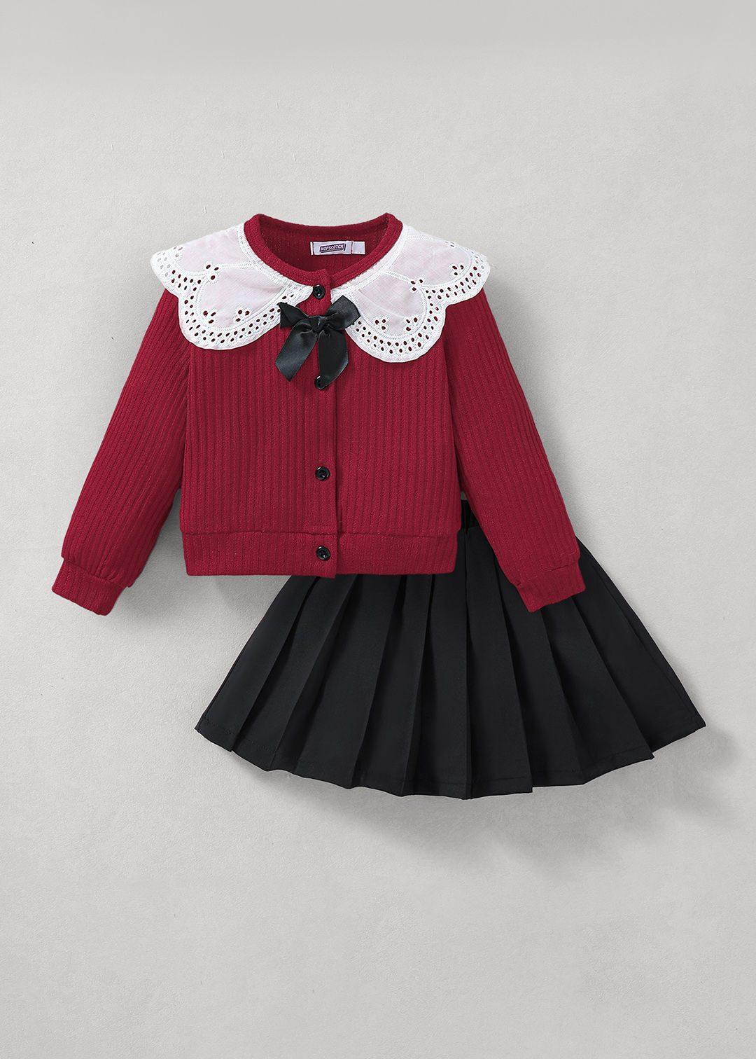 Collared Bow Applique Blouse & Pleated Skirt
