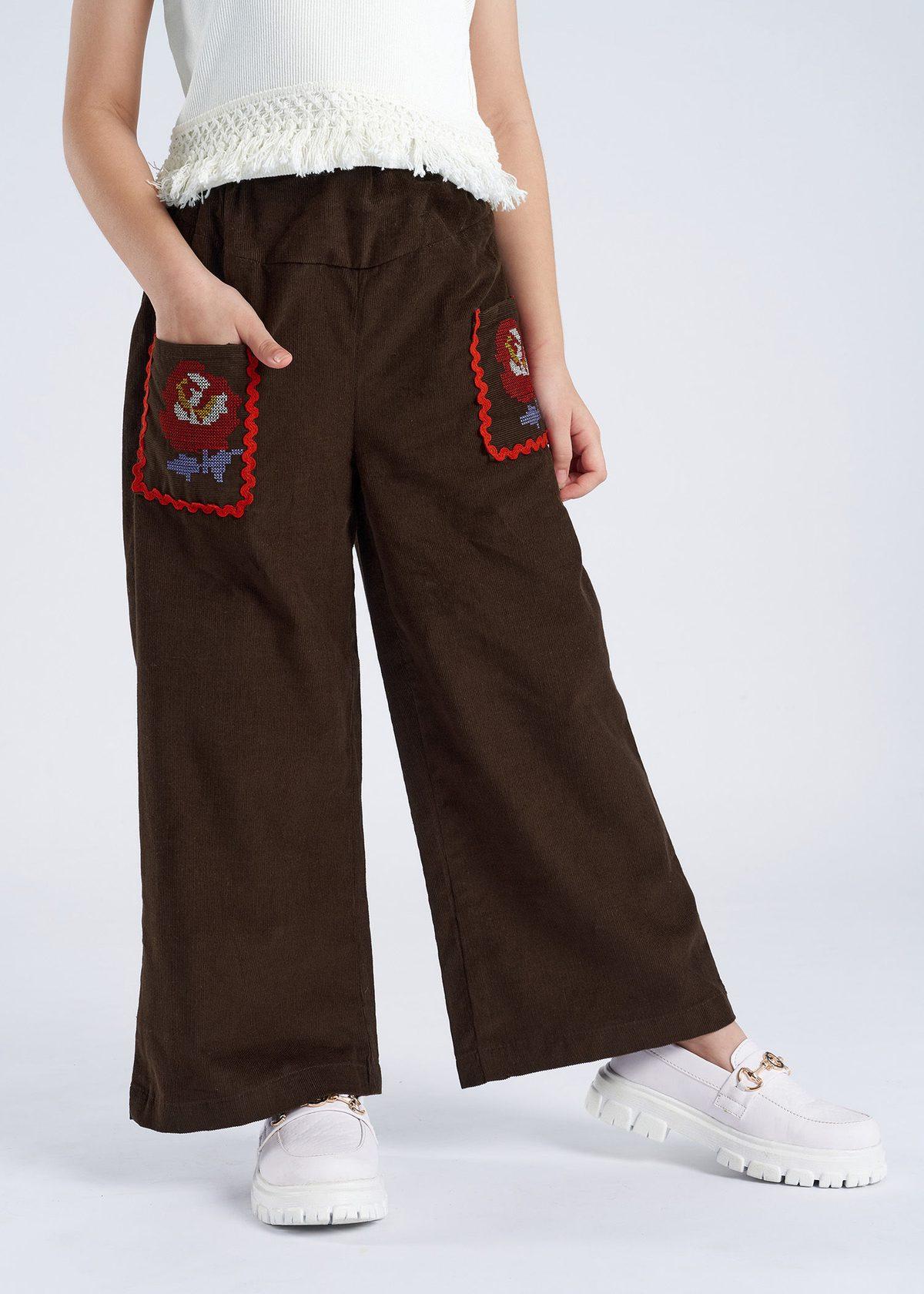 Wide Leg Pant with Embroidery Details