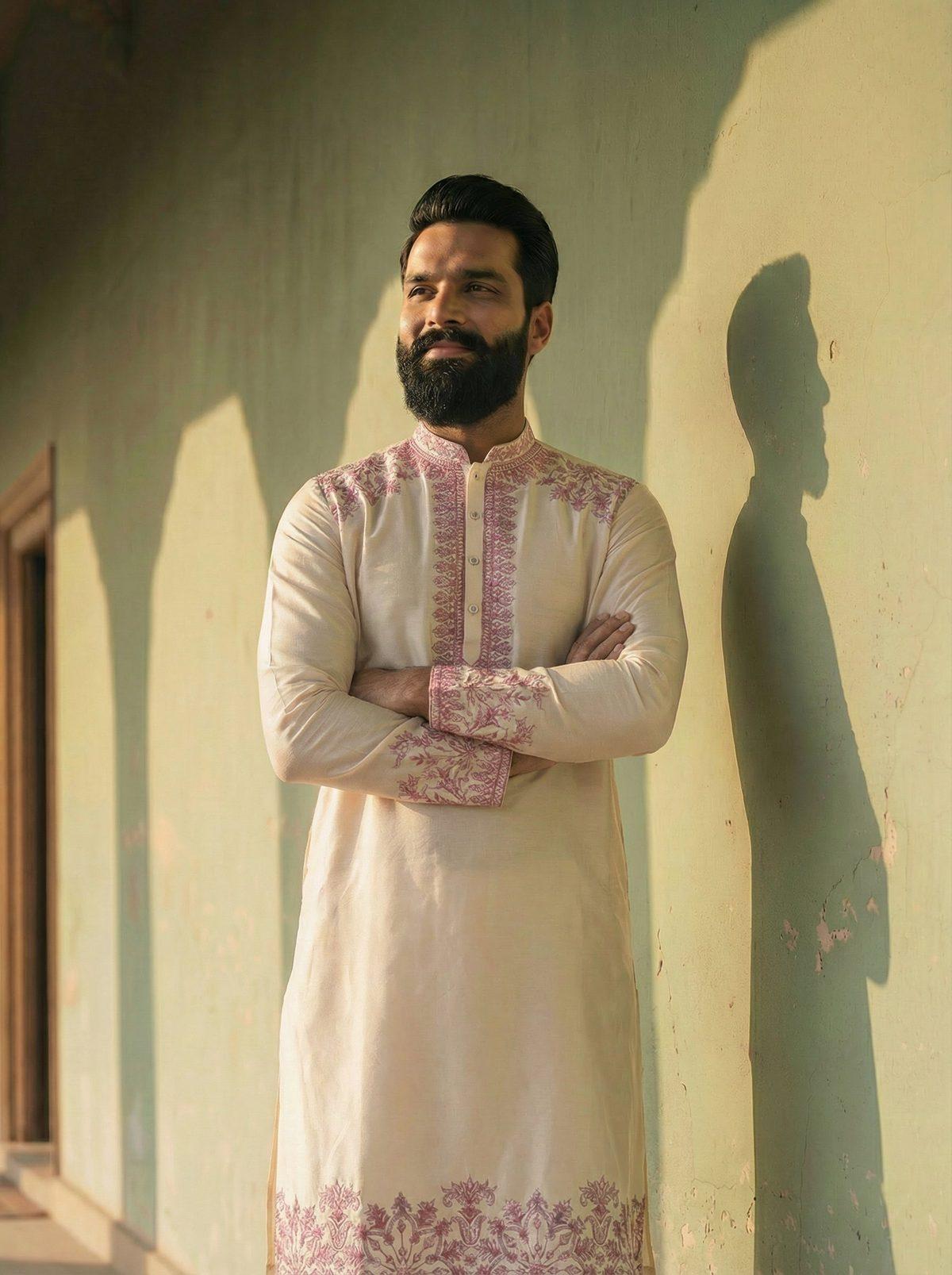 Off-White Silk Blend Embroidered Kurta