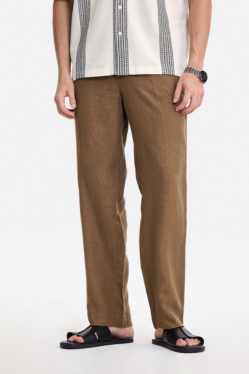 Linen Straight Fit Trousers - Brown