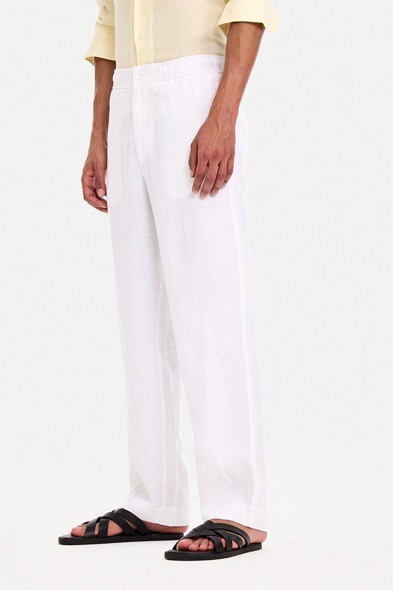 Linen Straight Fit Trousers - White — view 3