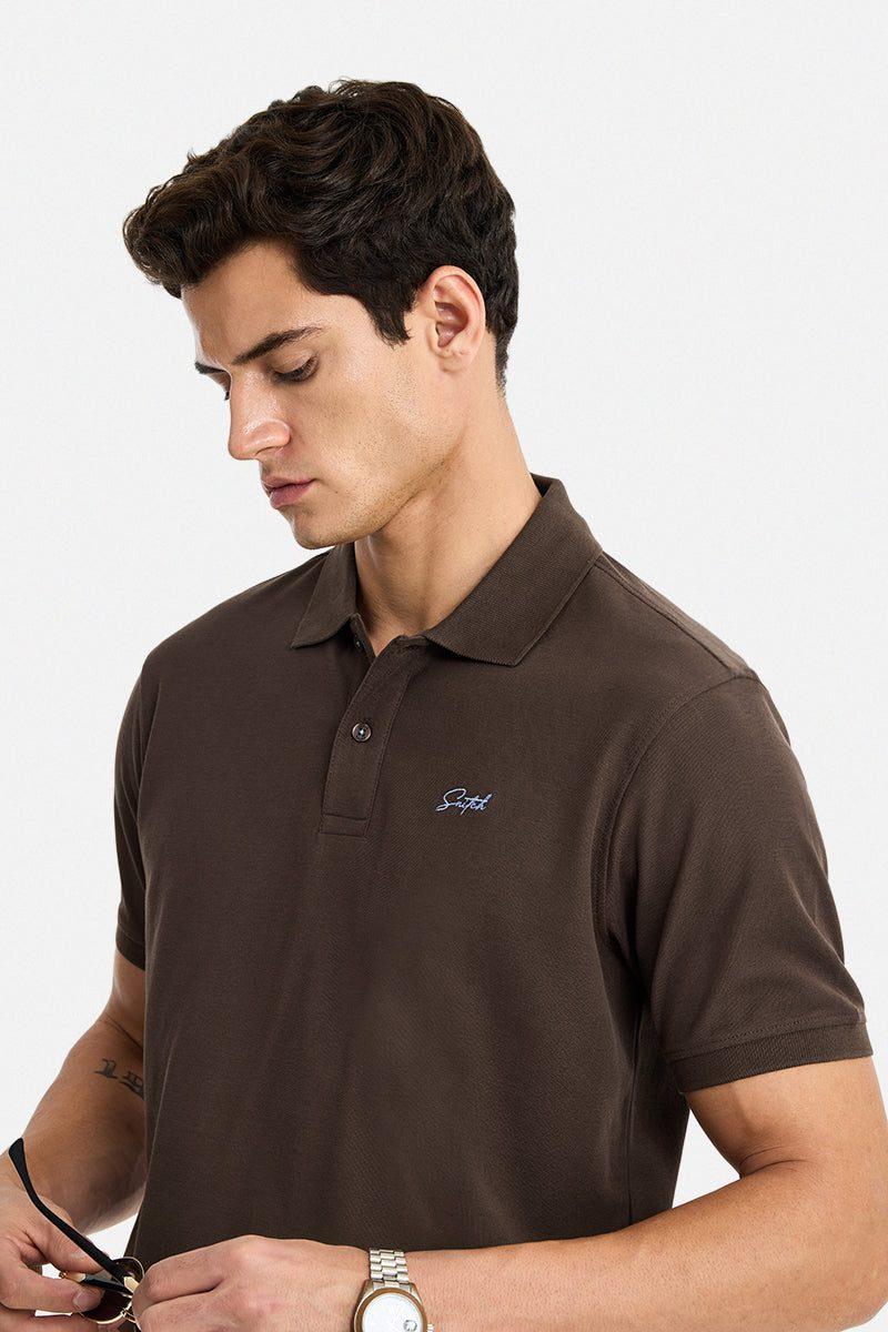 Textured Polo T-Shirt - Brown — view 3